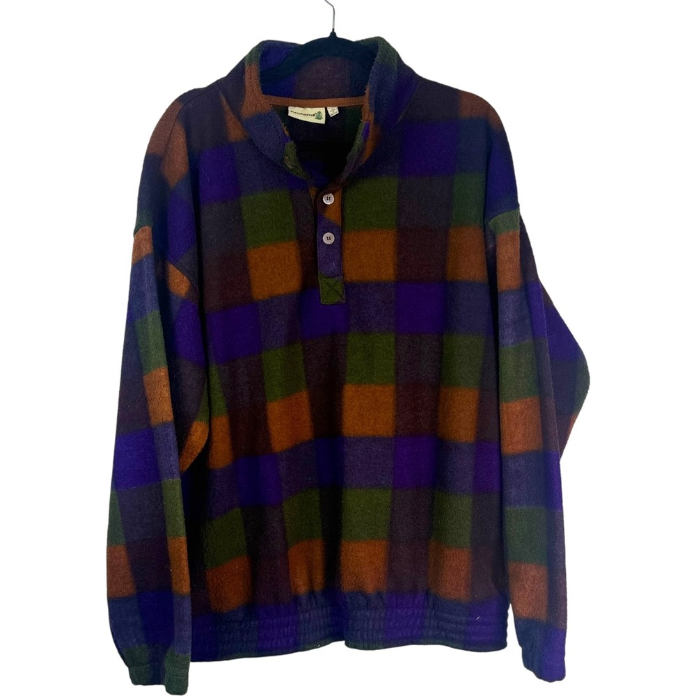 Vintage Fieldmaster‎ Fleece Pullover Shirt XL Plaid Checkered Purple Green Brown